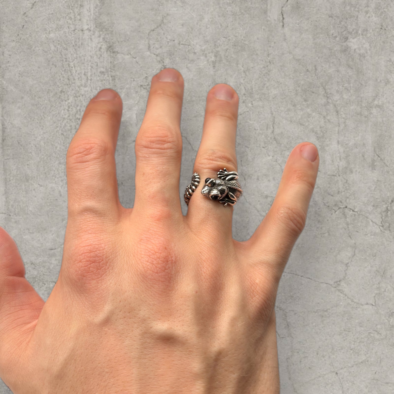 Cool vintage style silver stainless steel ring with lizard animal wrap. One size, adjustable