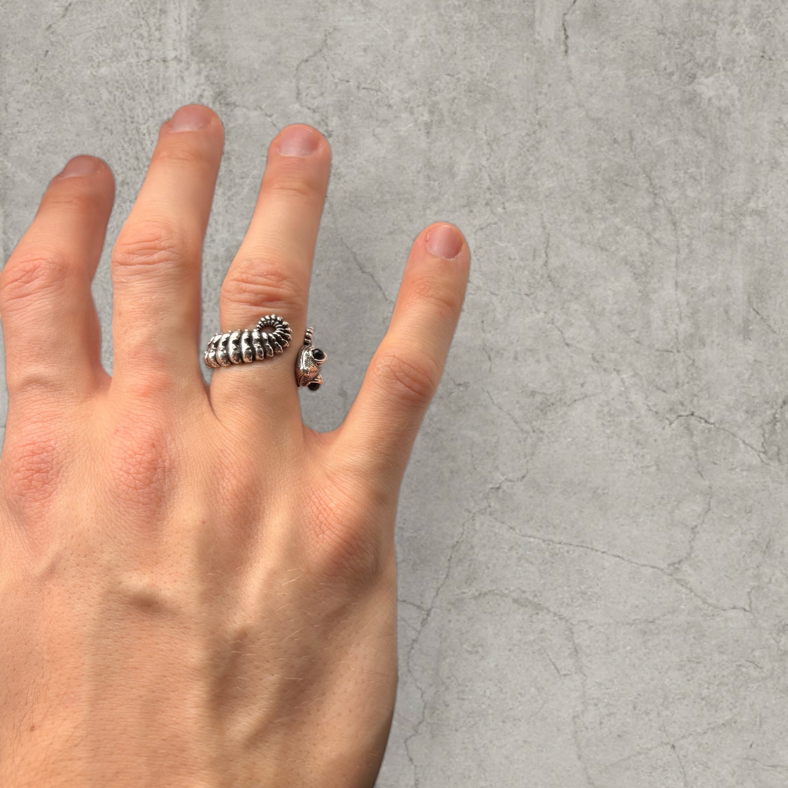 Cool vintage style silver stainless steel ring with lizard animal wrap. One size, adjustable