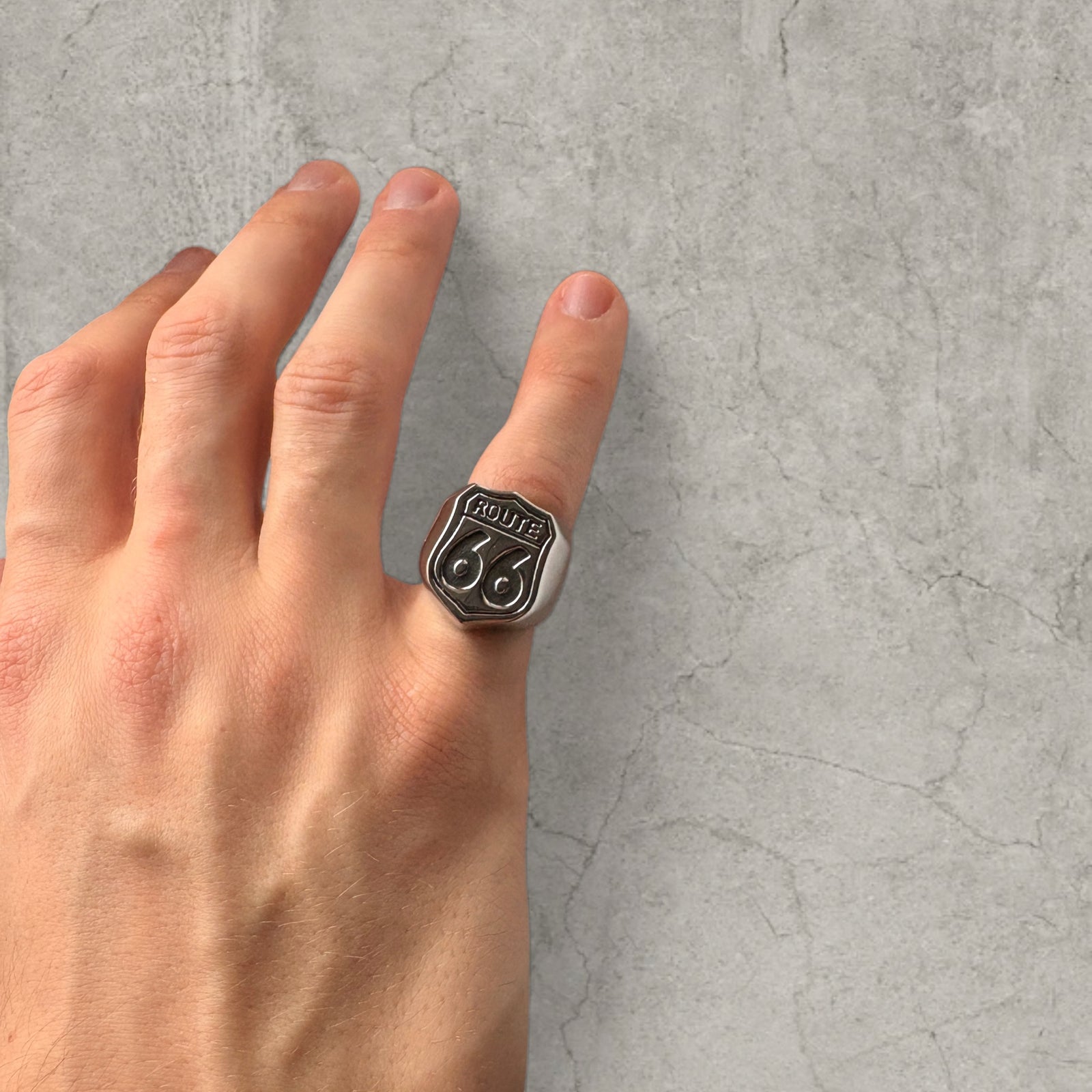 Stainless steel ring with route 66 design in silver