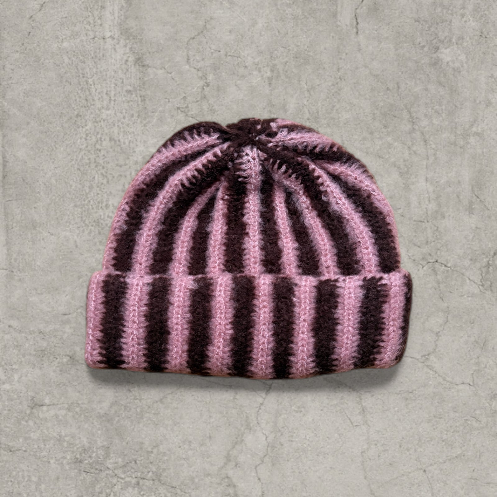 Striped knit beanie hat in brown and pink
