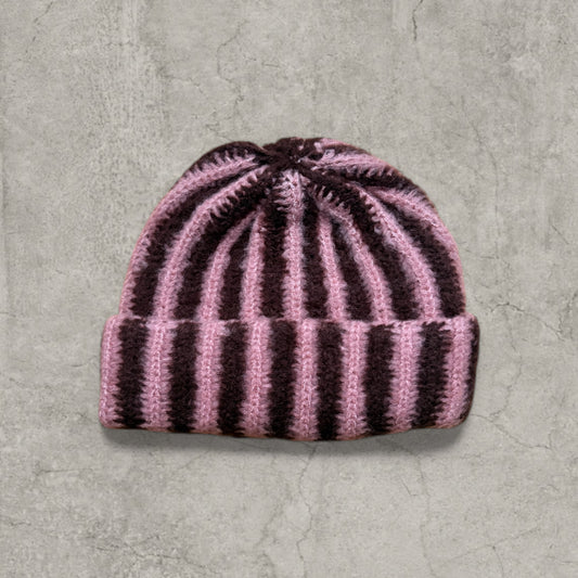 Striped knit beanie hat in brown and pink
