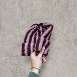 Striped knit beanie hat in brown and pink