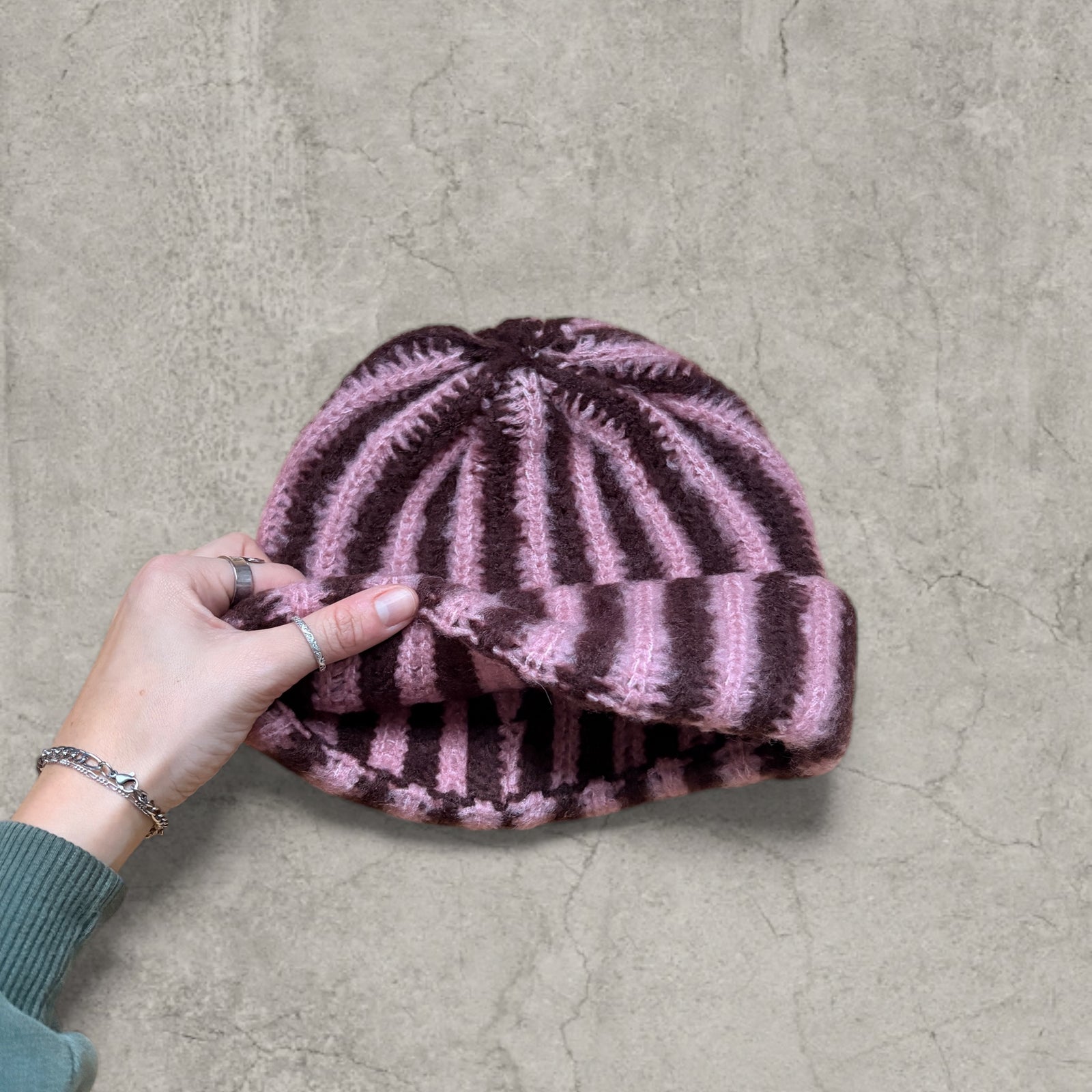 Striped knit beanie hat in brown and pink