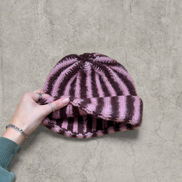 Striped knit beanie hat in brown and pink