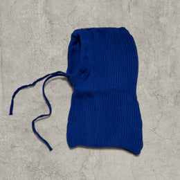 Knitted bonnet snood scarf hat adjustable drawstring in blue.