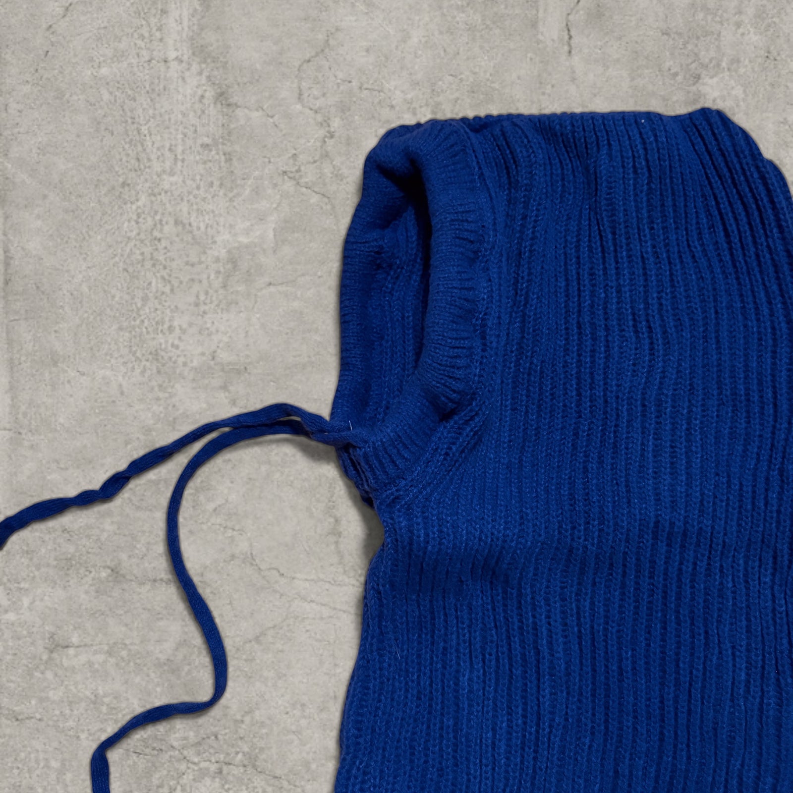 Knitted bonnet snood scarf hat adjustable drawstring in blue.