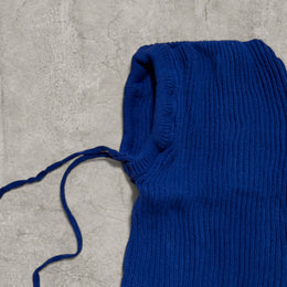 Knitted bonnet snood scarf hat adjustable drawstring in blue.