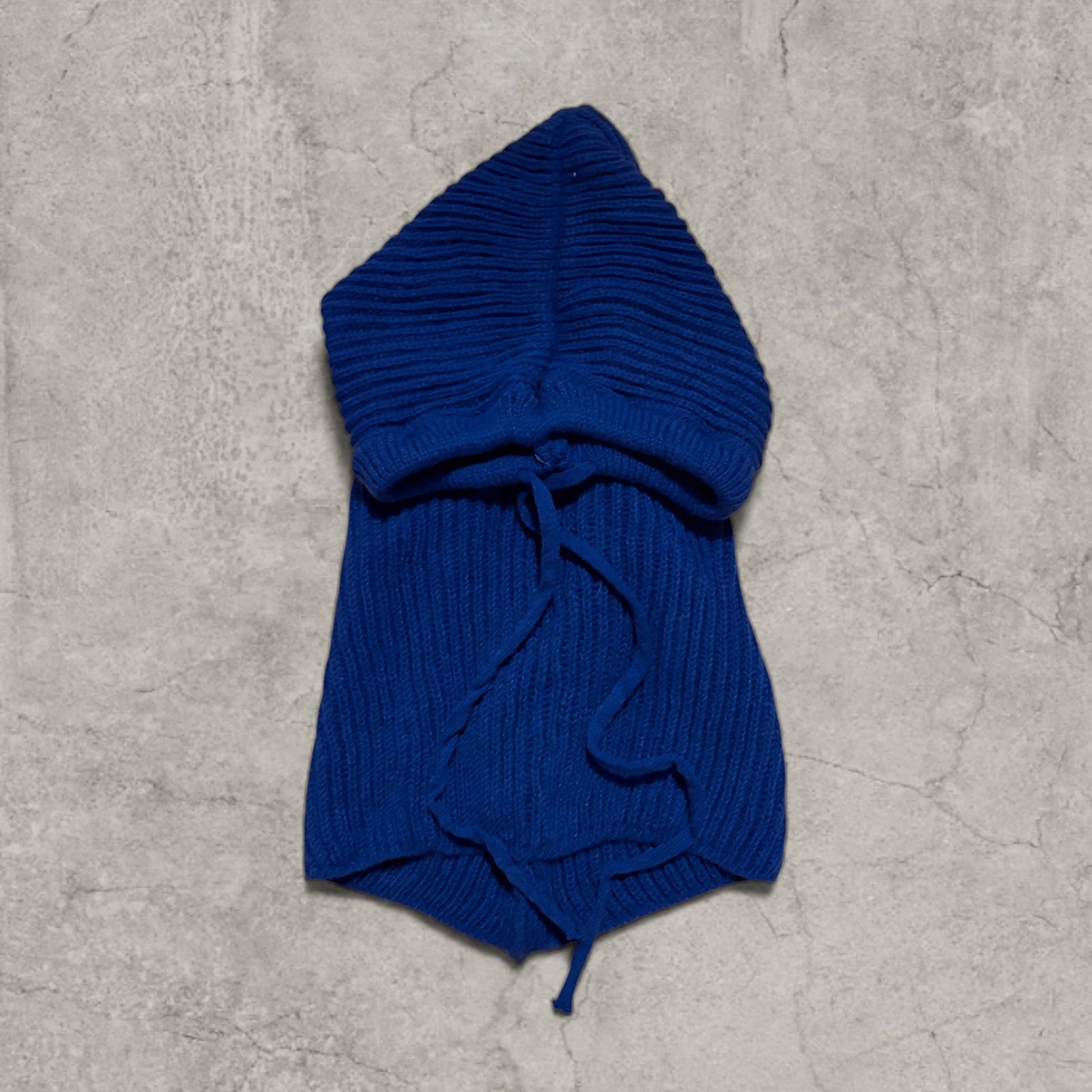 Knitted bonnet snood scarf hat adjustable drawstring in blue.