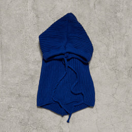 Knitted bonnet snood scarf hat adjustable drawstring in blue.