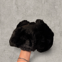 Russian ushanka hat in black with black faux fur.
