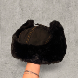 Russian ushanka hat in black with black faux fur.