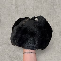 Russian ushanka hat in black with black faux fur.