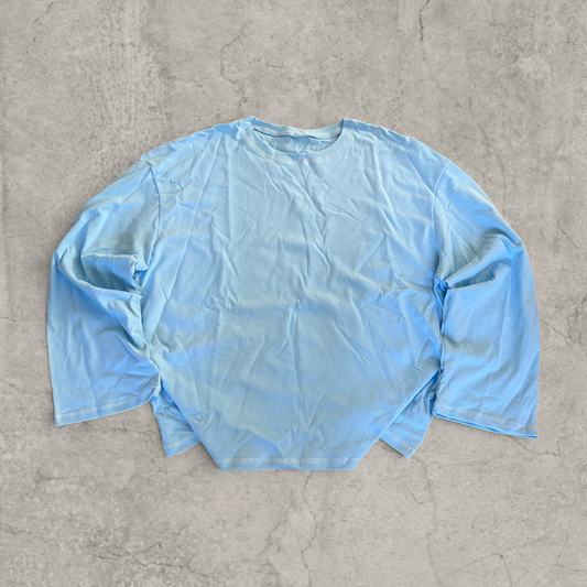 Vintage style relaxed fit long sleeve 100% cotton tshirt top in light blue.