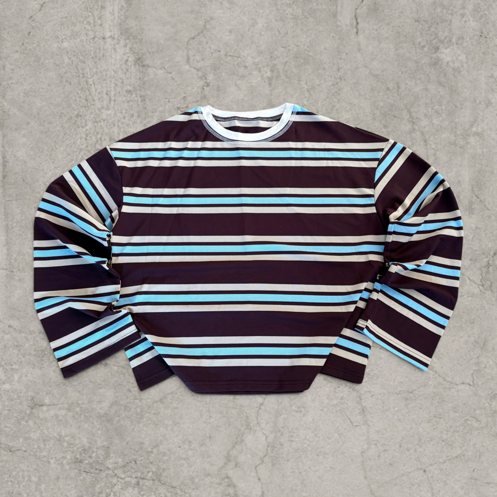 Vintage style relaxed fit long sleeve tshirt top in striped blue/burgundy/brown/white