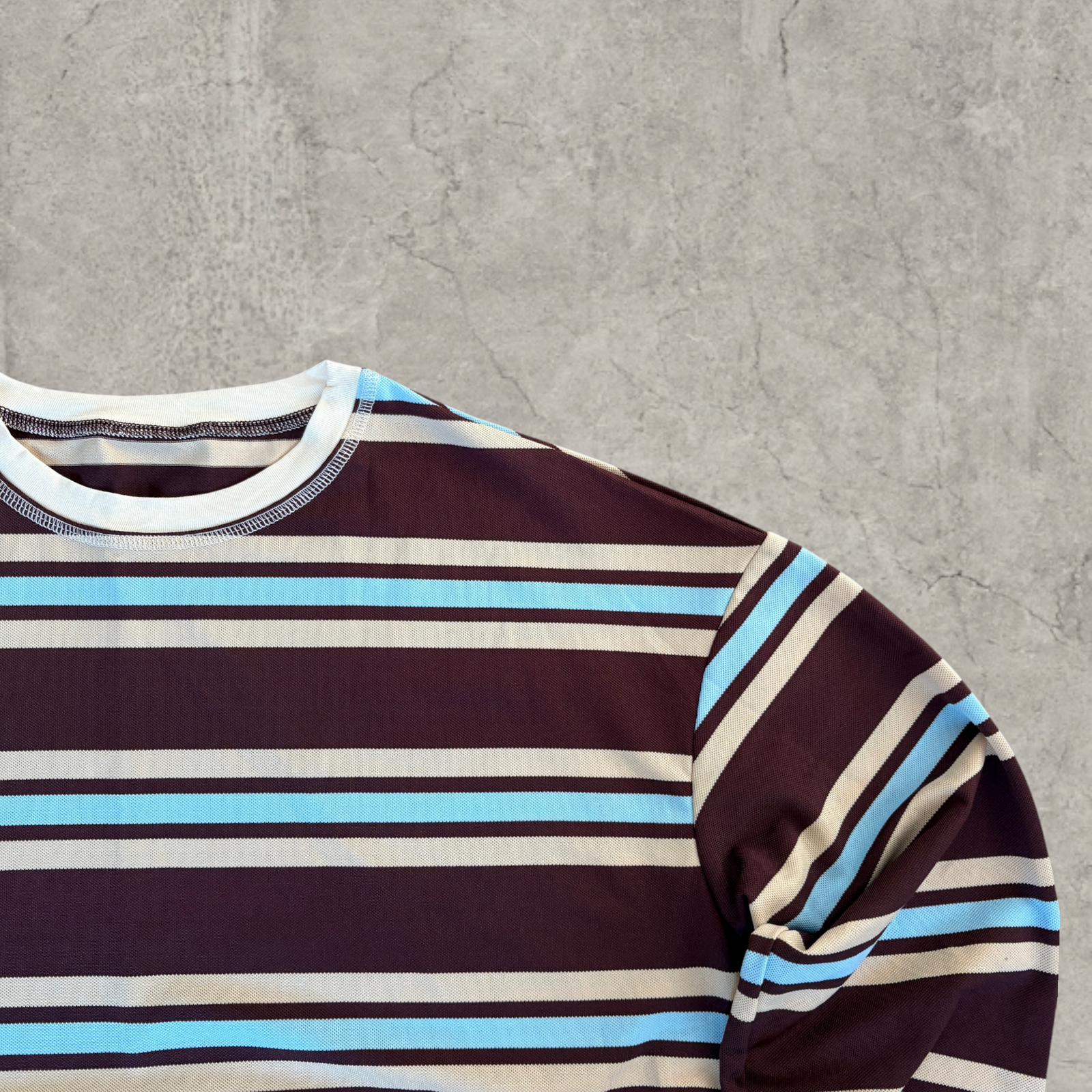 Vintage style relaxed fit long sleeve tshirt top in striped blue/burgundy/brown/white