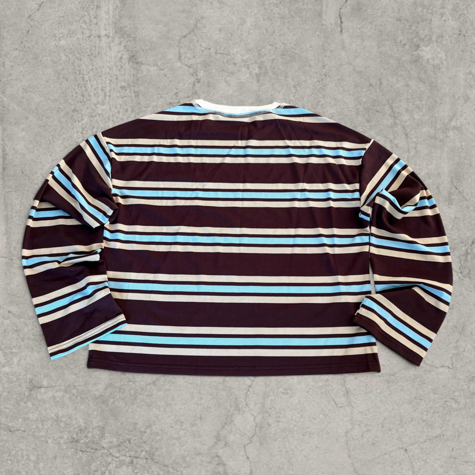 Vintage style relaxed fit long sleeve tshirt top in striped blue/burgundy/brown/white
