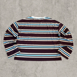 Vintage style relaxed fit long sleeve tshirt top in striped blue/burgundy/brown/white