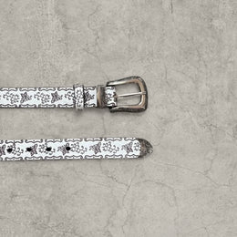 Vintage style faux leather western cowboy belt in white with silver trim. 103cm.