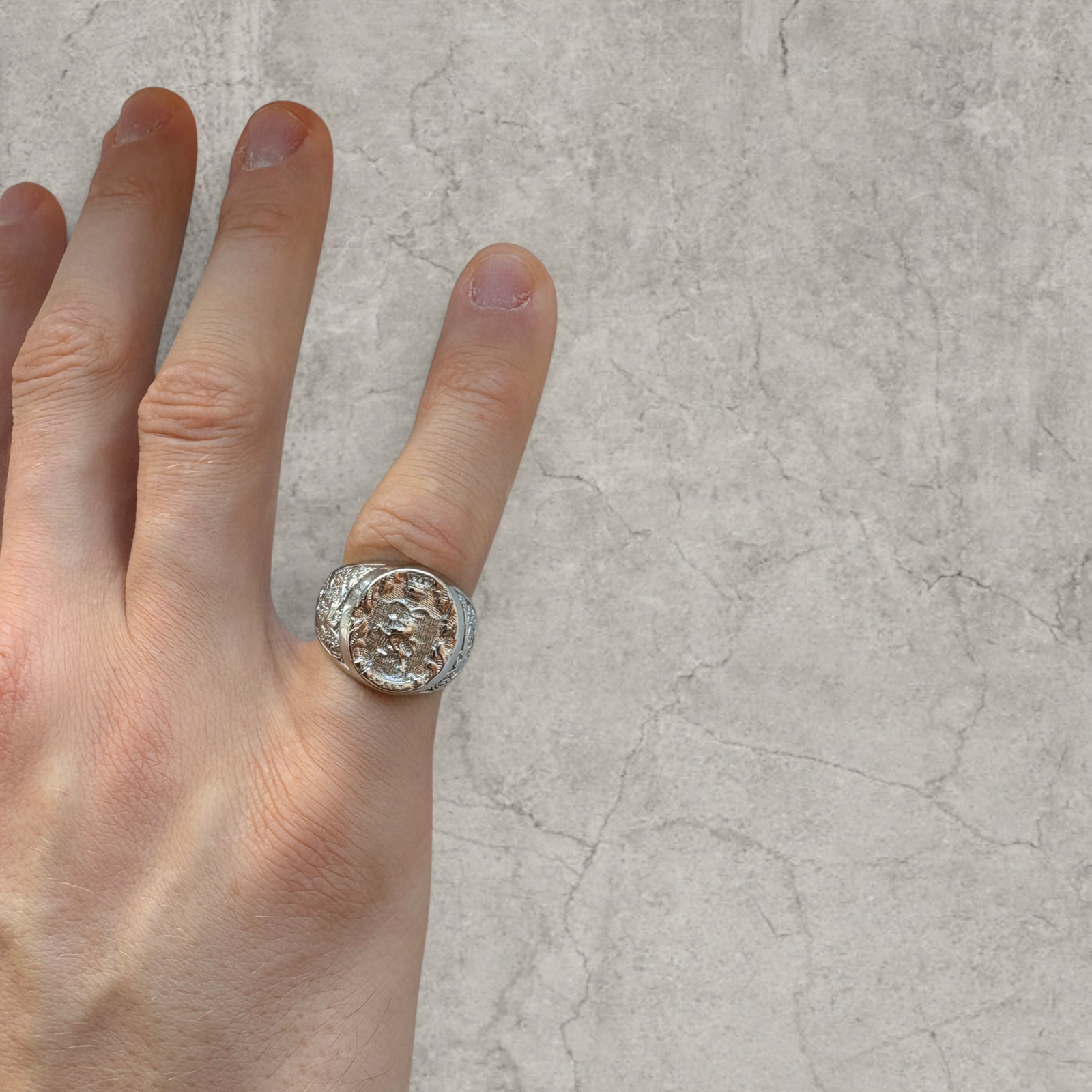 Silver stainless steel signet ring with engraved lion emblem