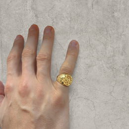 Vintage style gold colour stainless steel signet ring with engraved lion emblem