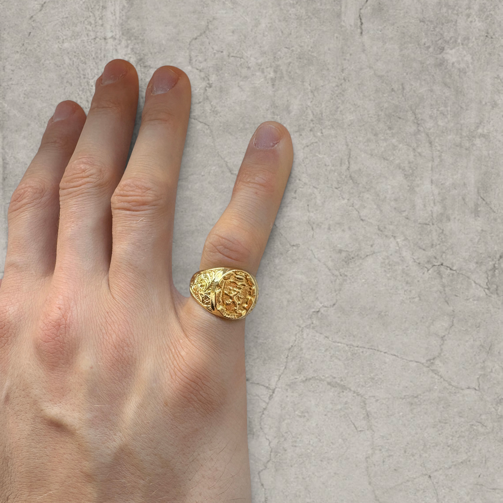 Vintage style gold colour stainless steel signet ring with engraved lion emblem