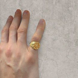 Vintage style gold colour stainless steel signet ring with engraved lion emblem