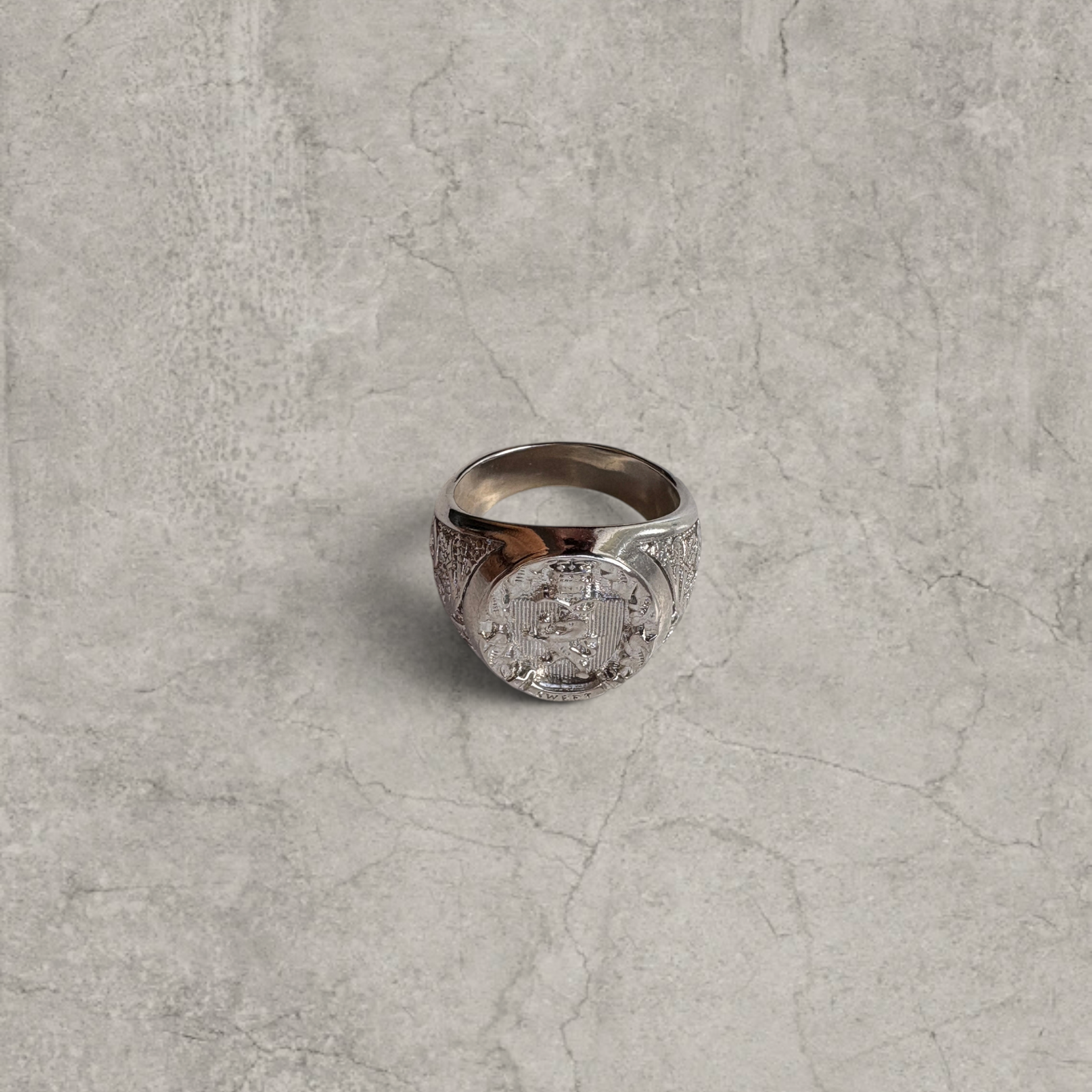 Silver stainless steel signet ring with engraved lion emblem
