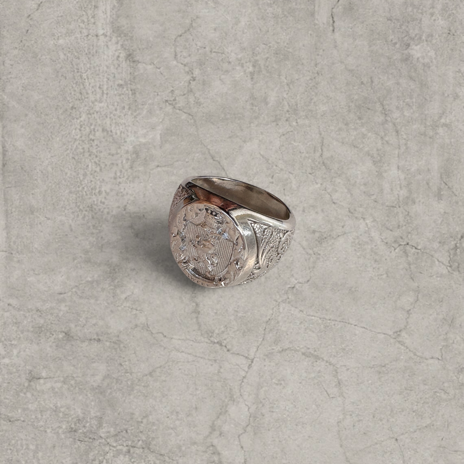 Silver stainless steel signet ring with engraved lion emblem