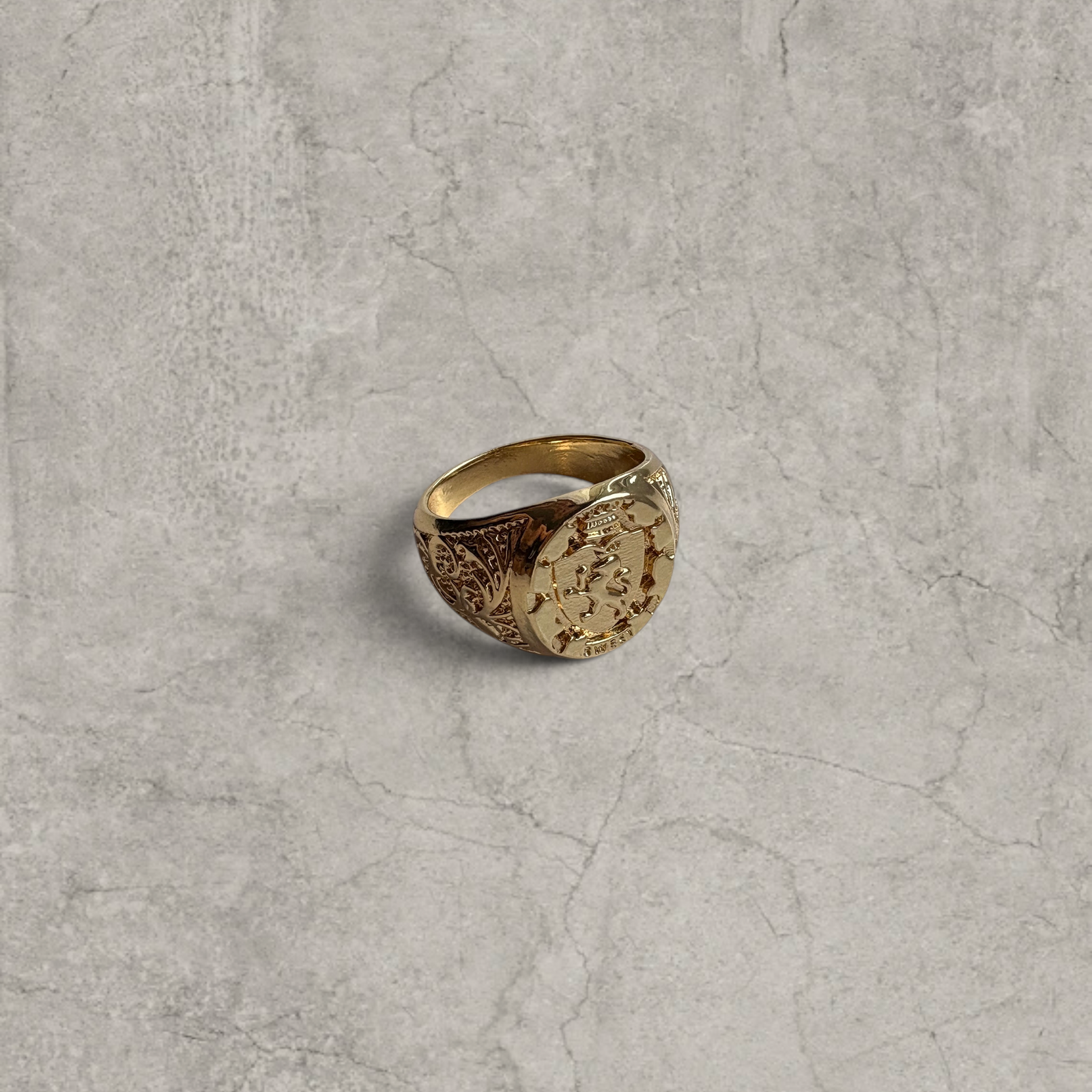 Vintage style gold colour stainless steel signet ring with engraved lion emblem