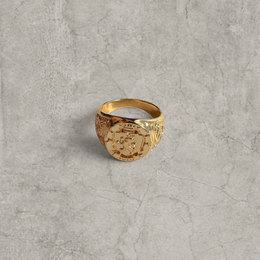 Vintage style gold colour stainless steel signet ring with engraved lion emblem