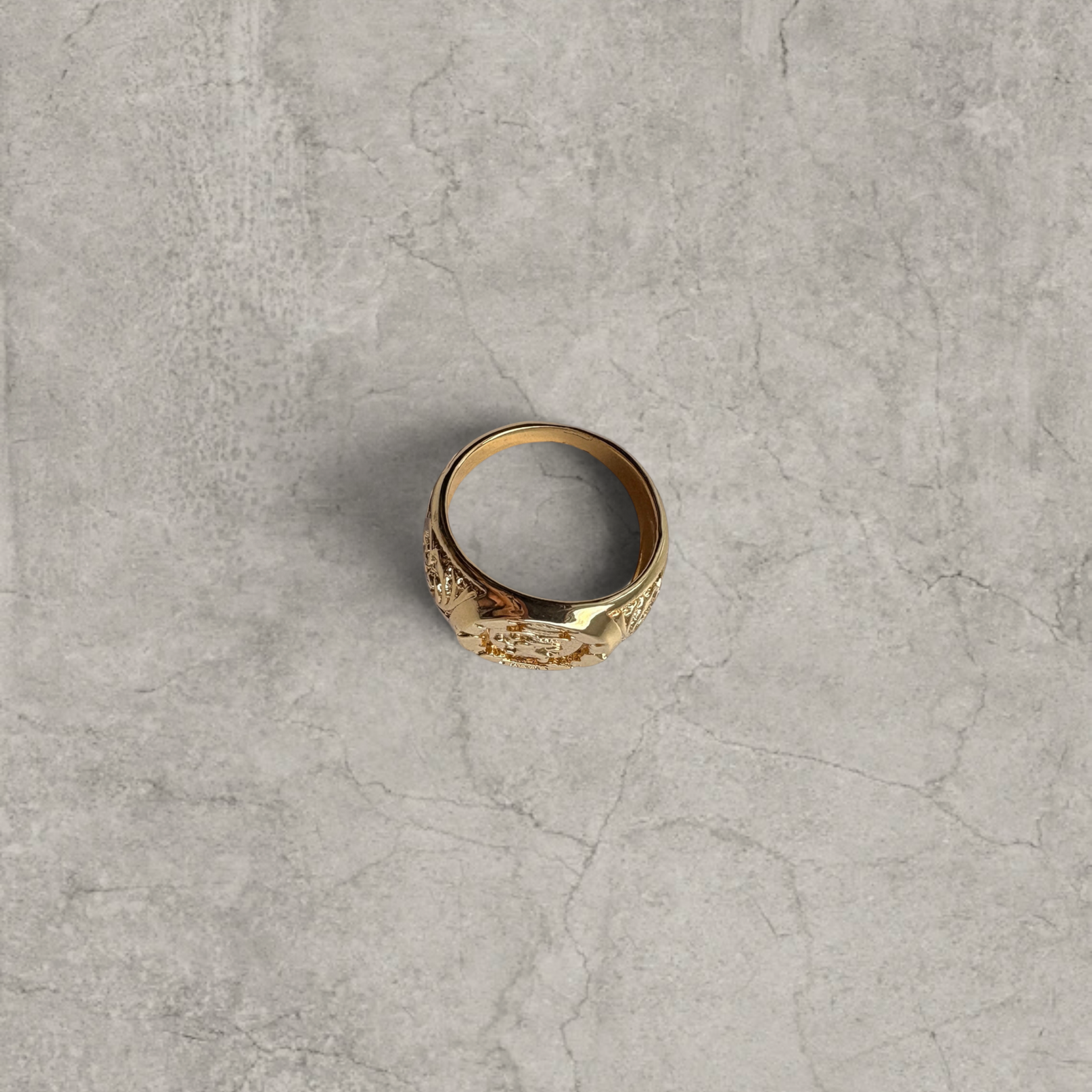 Vintage style gold colour stainless steel signet ring with engraved lion emblem