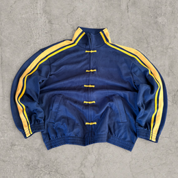 Boxy Korean zip-up sweatshirt jumper in navy blue with yellow stripes.