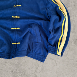 Boxy Korean zip-up sweatshirt jumper in navy blue with yellow stripes.