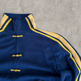Boxy Korean zip-up sweatshirt jumper in navy blue with yellow stripes.