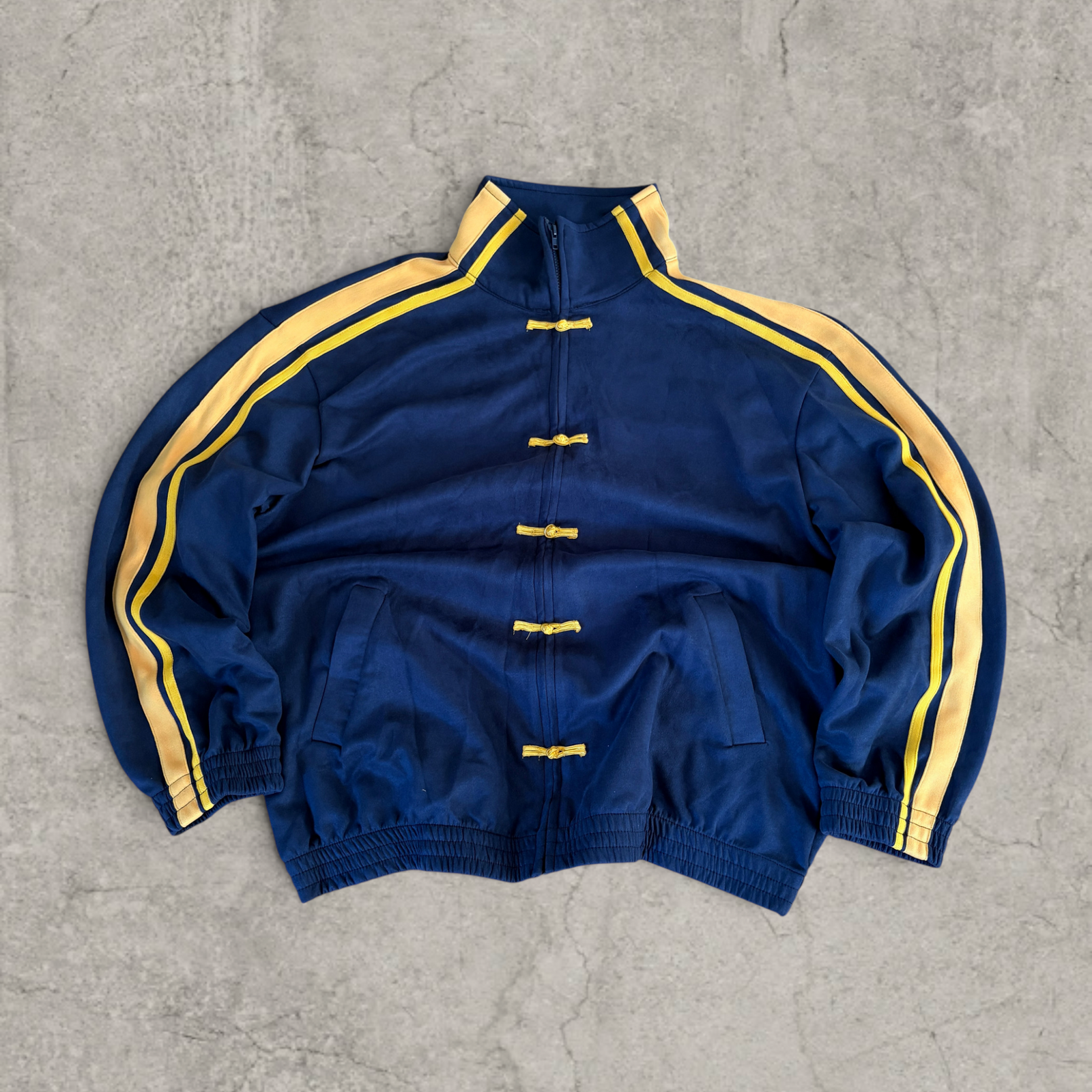 Boxy Korean zip-up sweatshirt jumper in navy blue with yellow stripes.