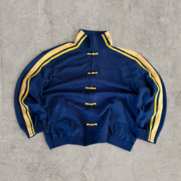 Boxy Korean zip-up sweatshirt jumper in navy blue with yellow stripes.