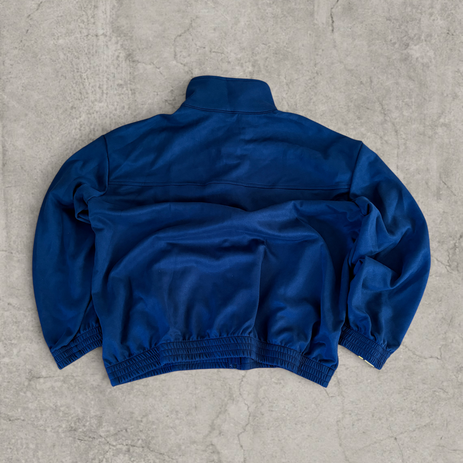 Boxy Korean zip-up sweatshirt jumper in navy blue with yellow stripes.