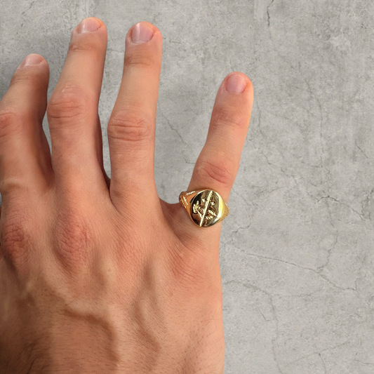 Colour stainless steel signet ring in gold with sword engraved emblem.