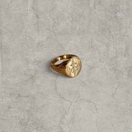 Colour stainless steel signet ring in gold with sword engraved emblem.