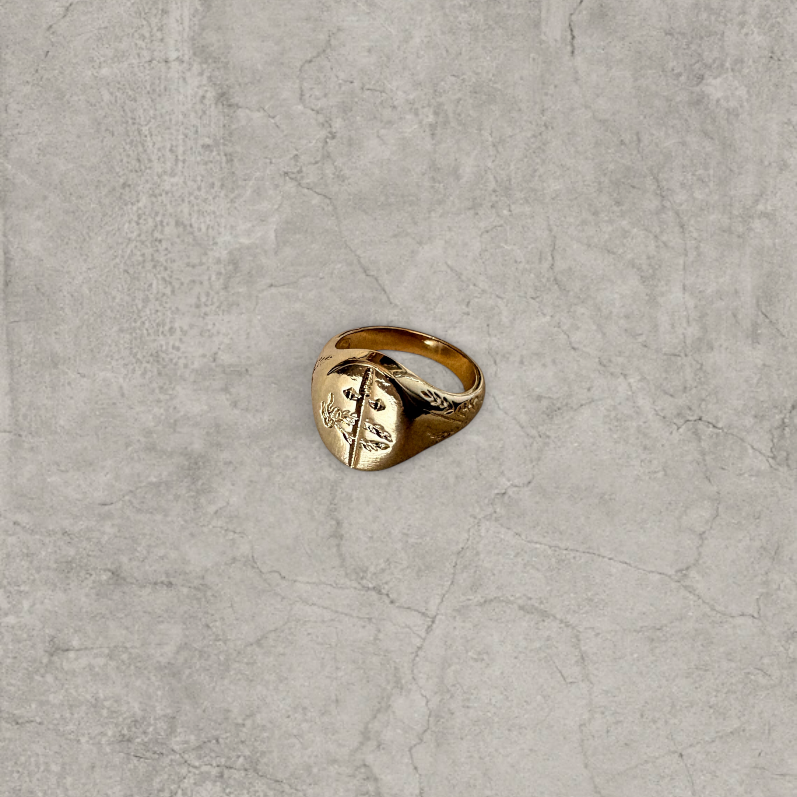 Colour stainless steel signet ring in gold with sword engraved emblem.