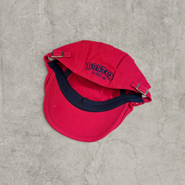 Plaid flat peak beret cap adjustable buckle in red with Boston logo.