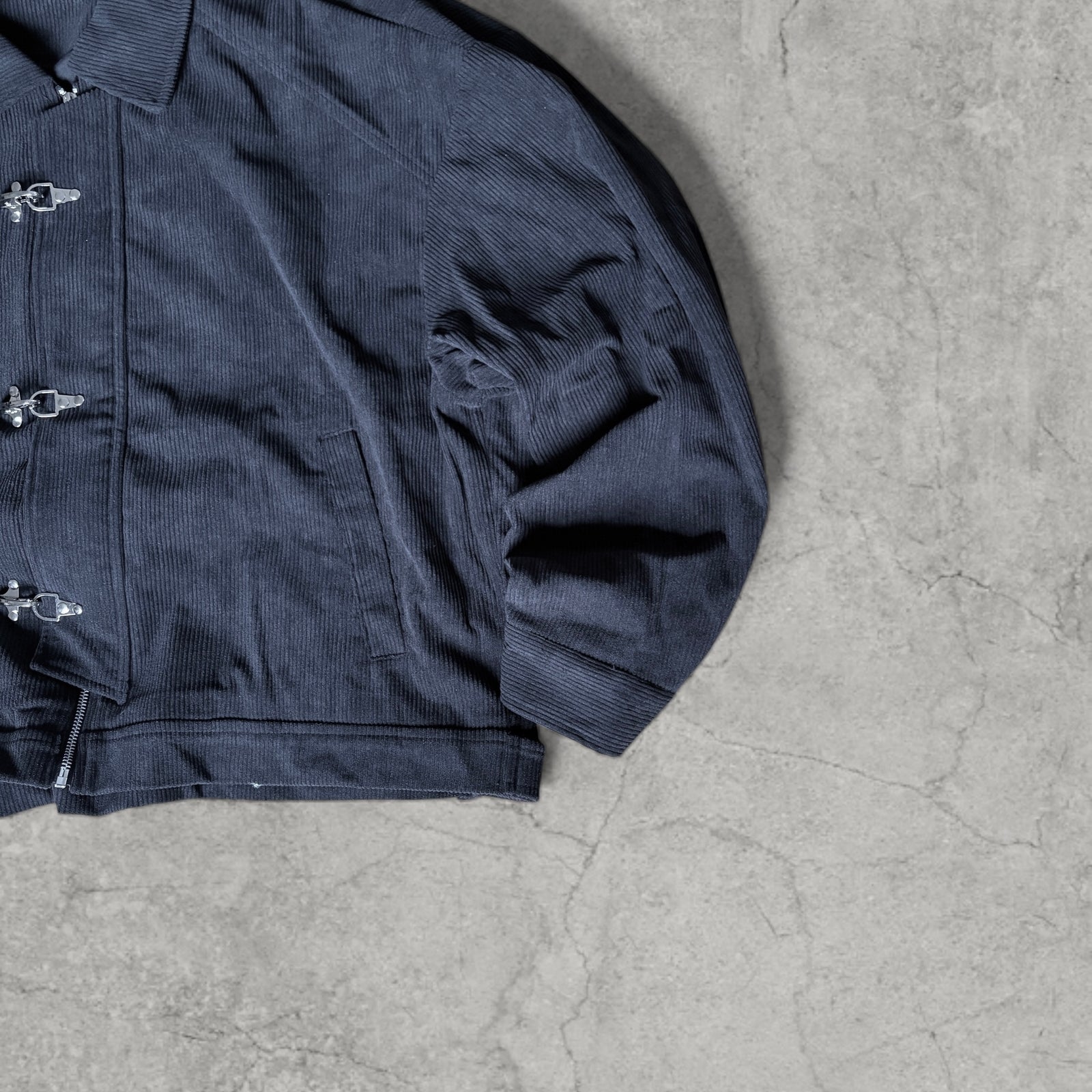 Military style corduroy bomber jacket with silver clasps in black