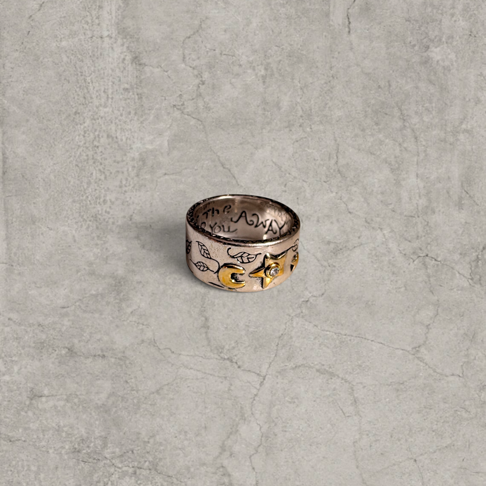 Colour stainless steel band ring with silver/gold star & diamanté.