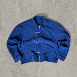 Collared bomber jacket with silver clasp fastenings in navy blue