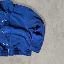 Collared bomber jacket with silver clasp fastenings in navy blue