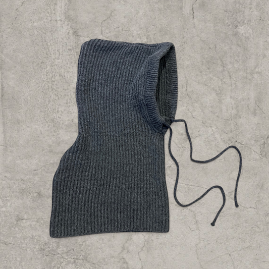 Knitted hooded snood scarf bonnet hat with drawstring in dark grey.