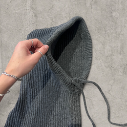 Knitted hooded snood scarf bonnet hat with drawstring in dark grey.