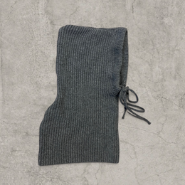 Knitted hooded snood scarf bonnet hat with drawstring in dark grey.