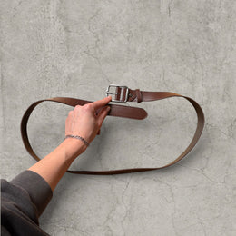 Vintage style faux leather smart tailored formal belt in brown with grey trim.