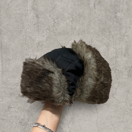 Russian ushanka hat in black with grey faux fur.
